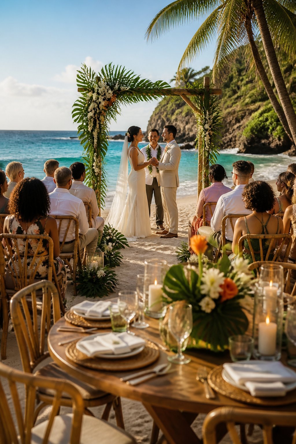 Destination wedding ceremony and reception overlooking a tropical beach.