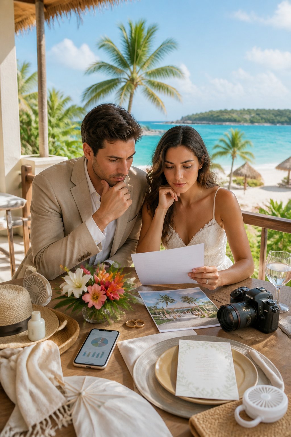 Engaged couple reviewing destination wedding priorities and travel plans at a tropical resort.