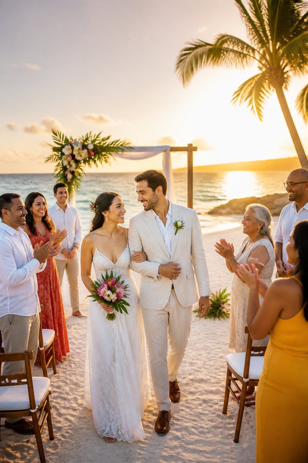 Newlyweds celebrating with family and friends after a simple tropical beach wedding.